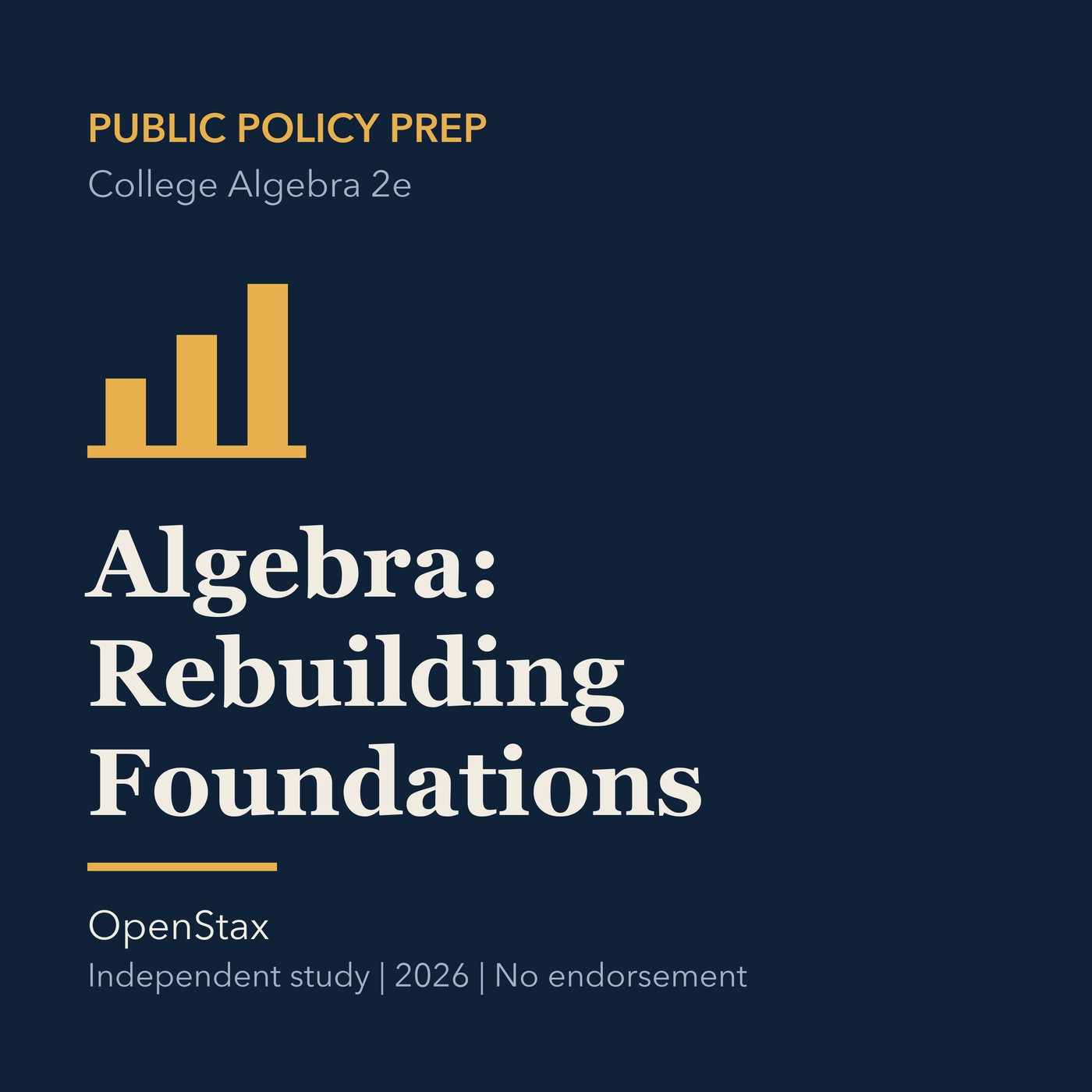 Gold public policy line art and ivory episode title on a deep navy background.
