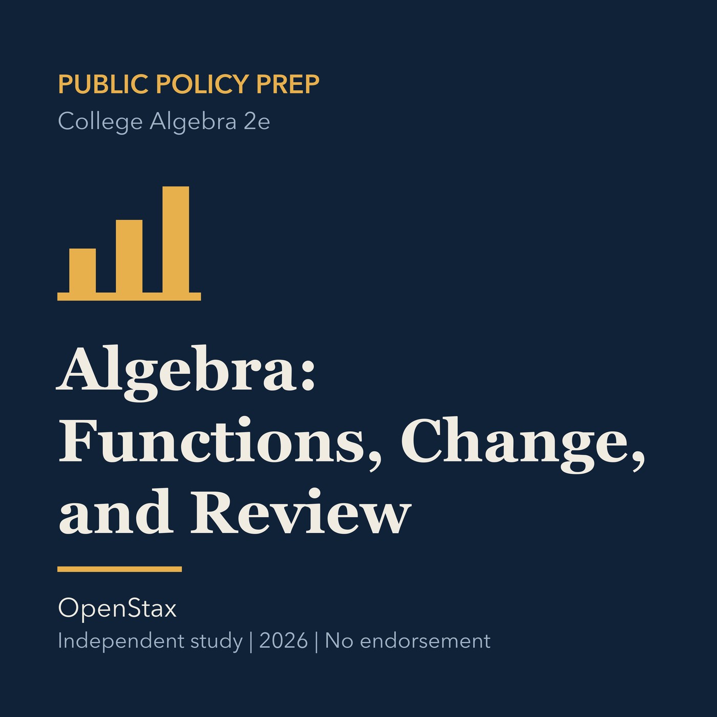 Gold public policy line art and ivory episode title on a deep navy background.