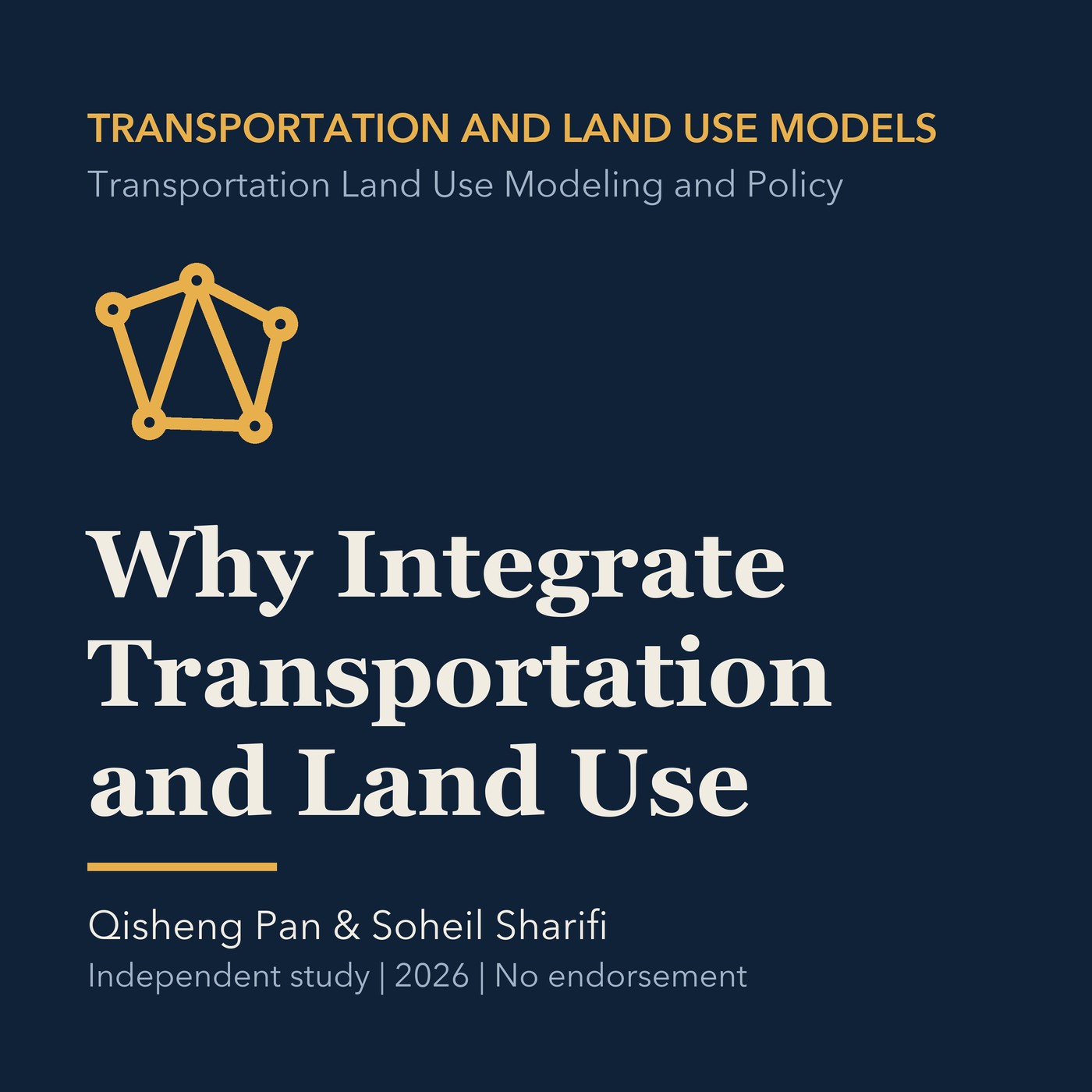 Gold transportation modeling line art and ivory episode title on a deep navy background.