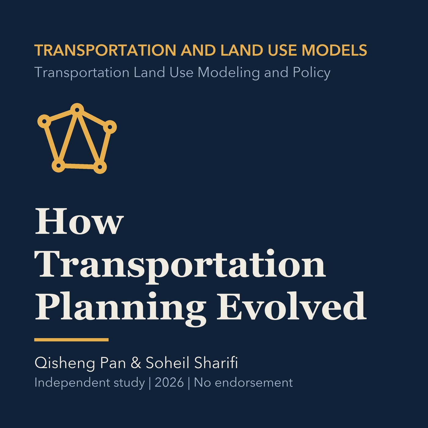 Gold transportation modeling line art and ivory episode title on a deep navy background.