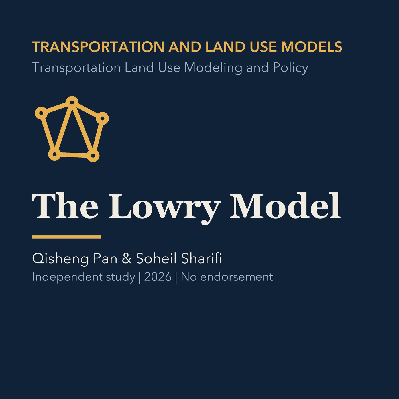Gold transportation modeling line art and ivory episode title on a deep navy background.