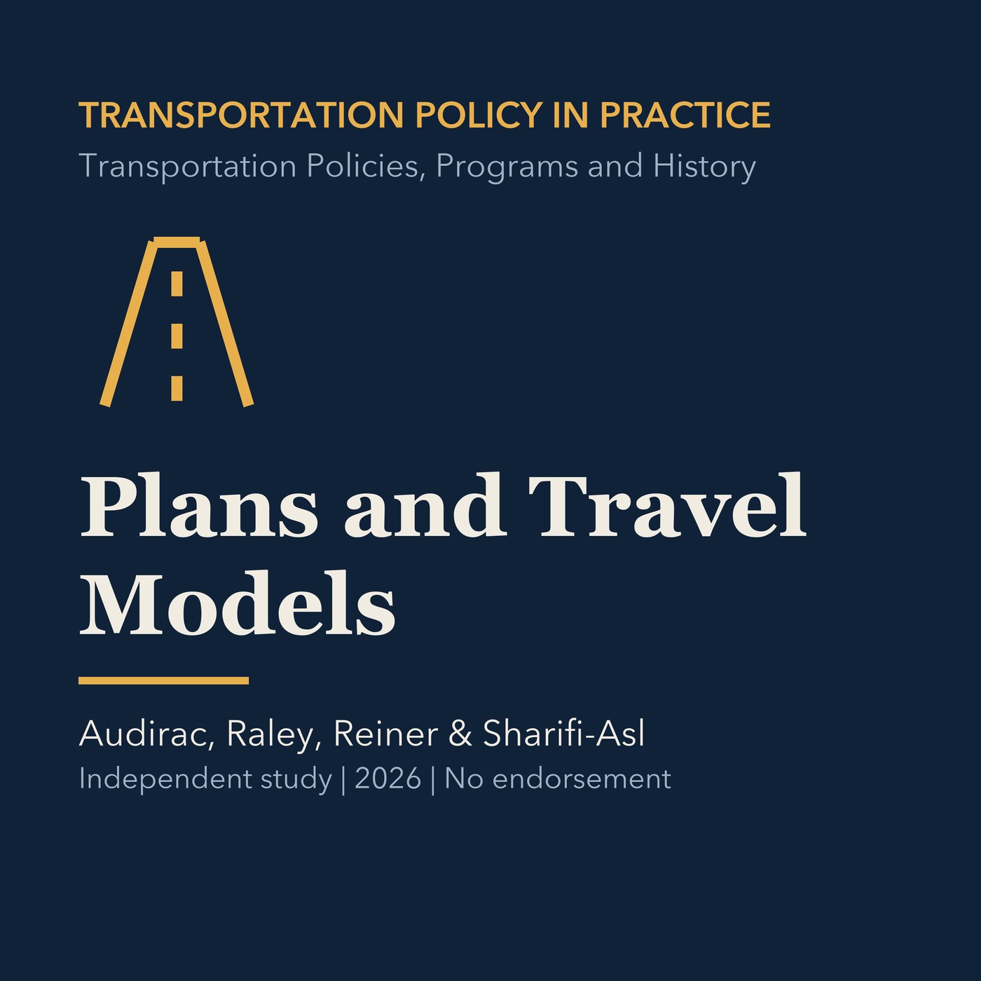 Gold transportation line art and ivory episode title on a deep navy background.