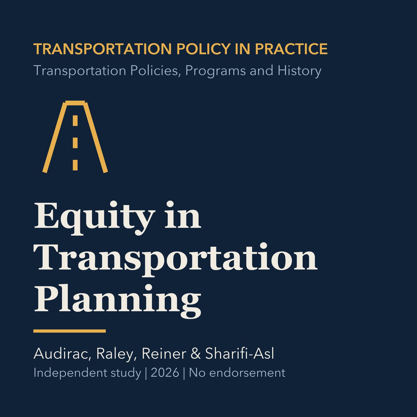 Gold transportation line art and ivory episode title on a deep navy background.