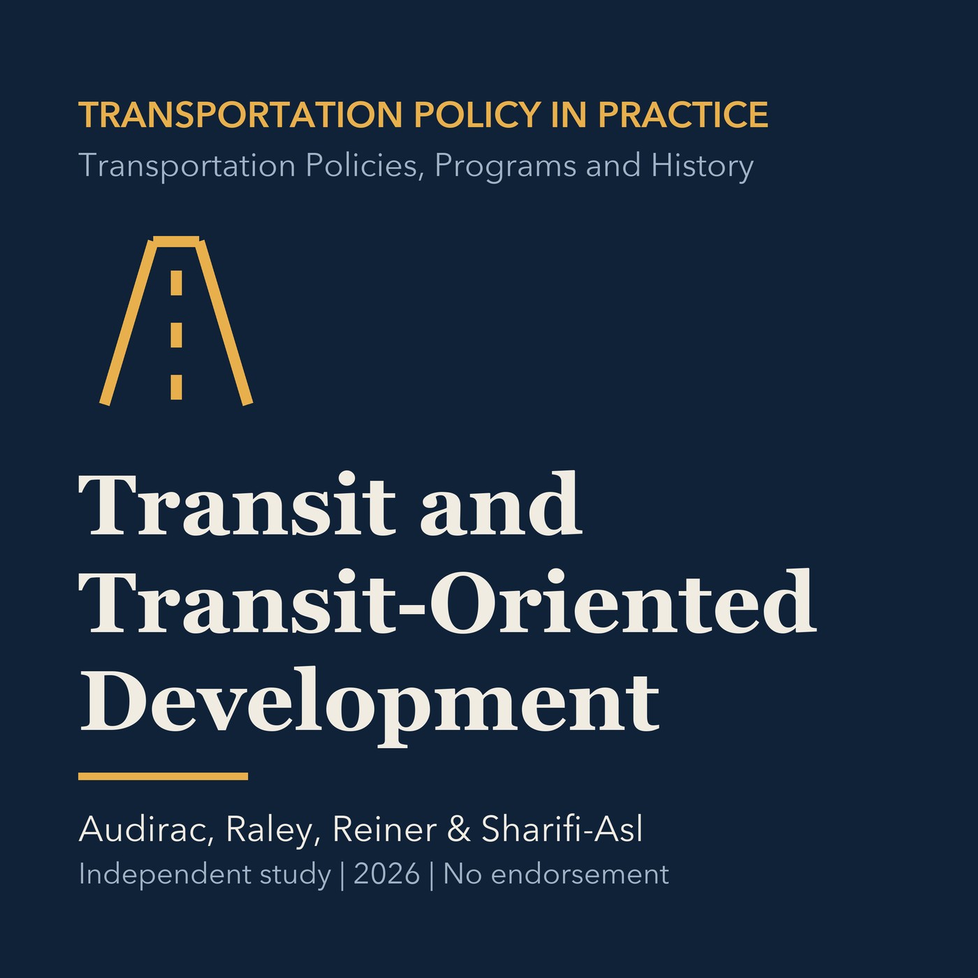 Gold transportation line art and ivory episode title on a deep navy background.