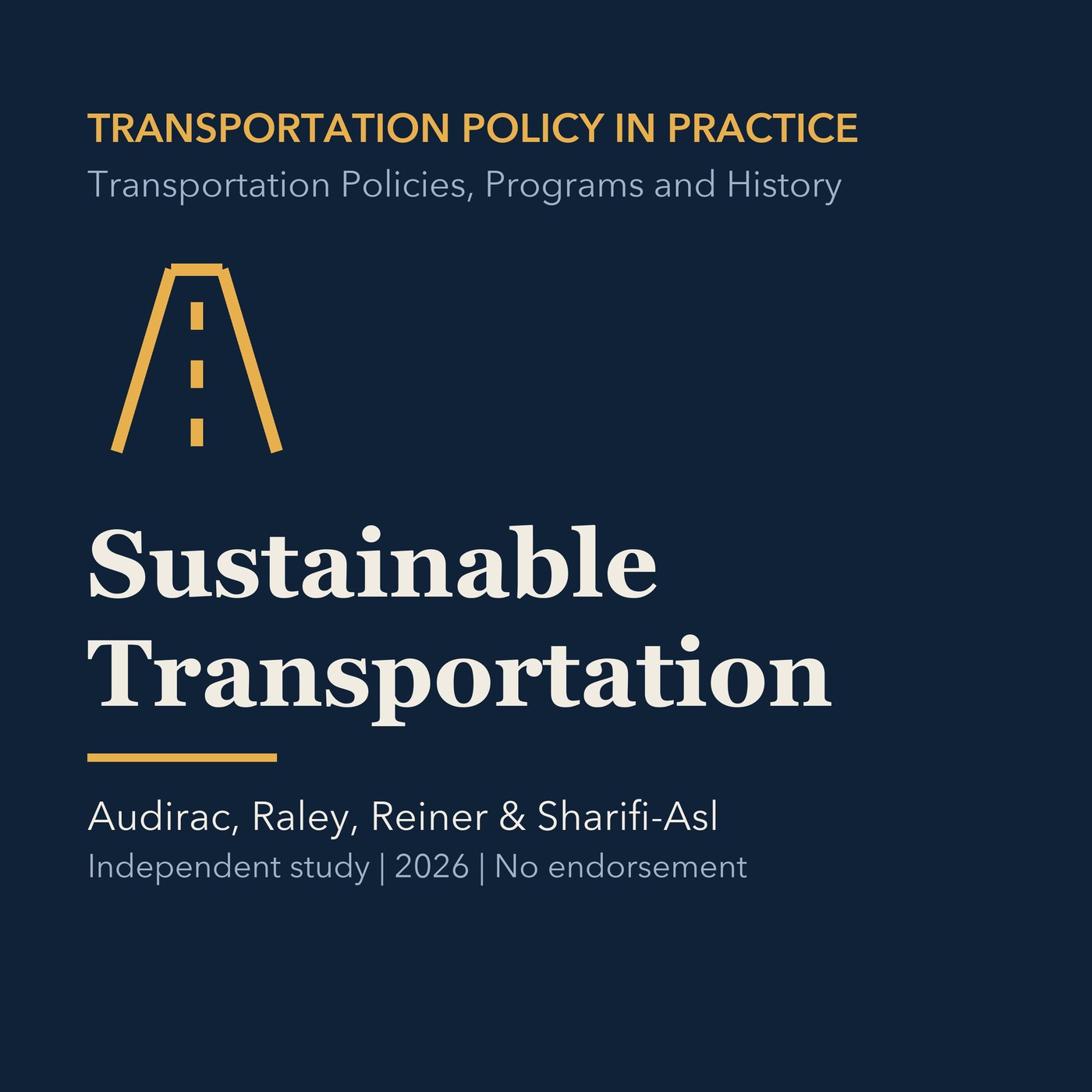 Gold transportation line art and ivory episode title on a deep navy background.
